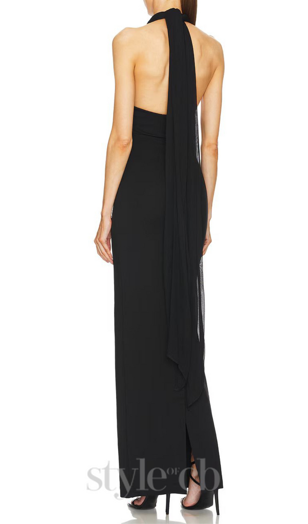 MERRY BLACK SHEER MESH UPPER PONTE LOWER MAXI DRESS