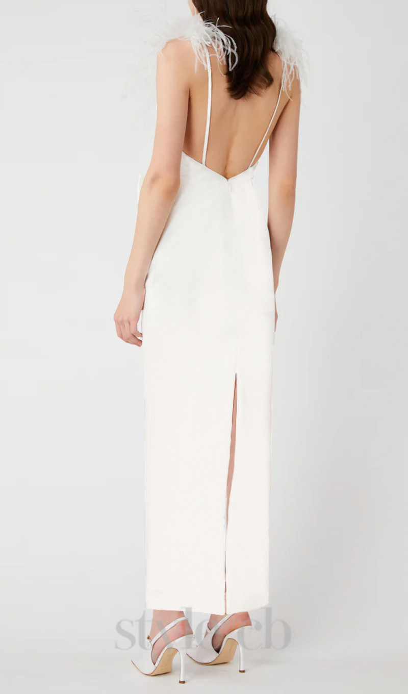 SIBYL FEATHER SLEEVELESS MIDI DRESS IN WHITE