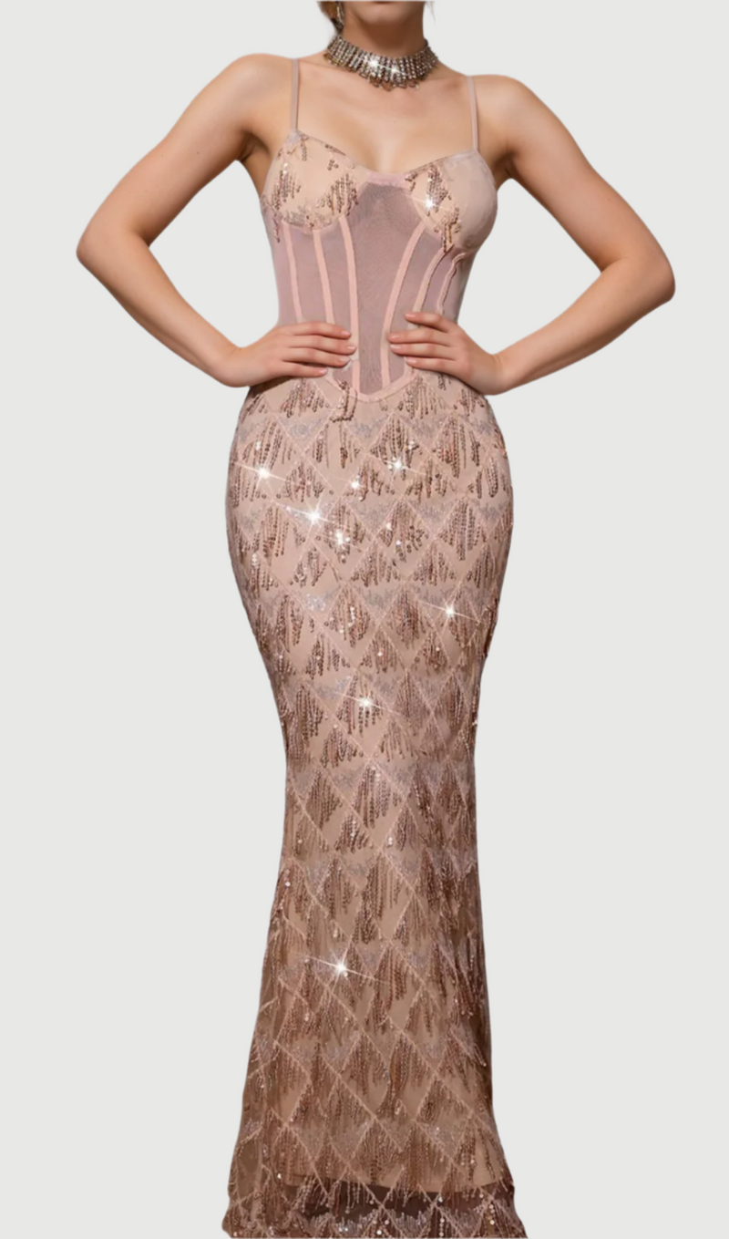 Carol Sequin Fringe Maxi Dress In Apricot