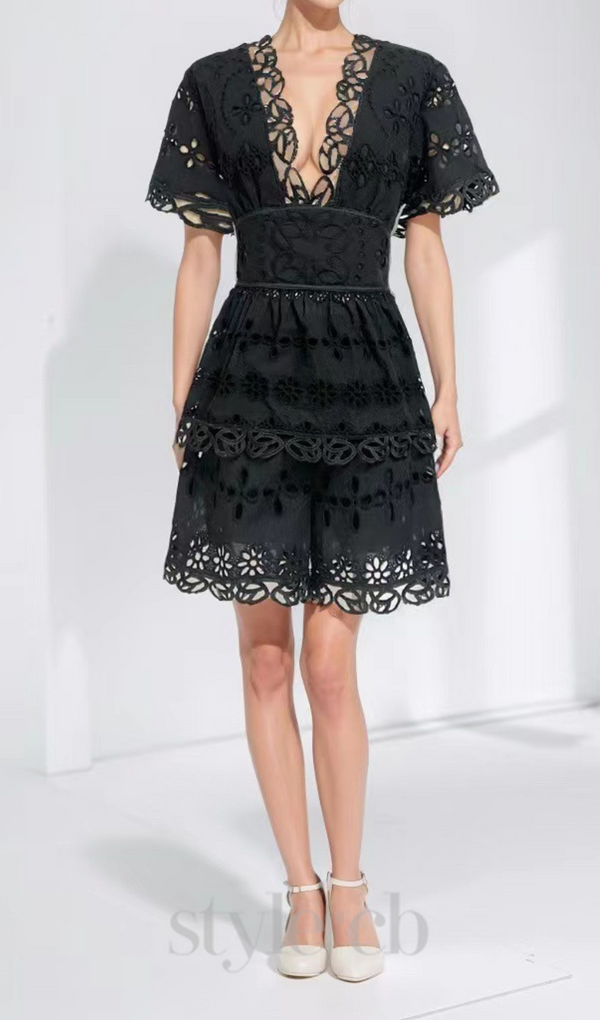 MAGGIE BLACK LAYERED CUT OUT LACE TOP SHORTS SUIT