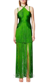 BRIANNA HALTER NECK FRINGE TASSEL DRESS IN GREEN