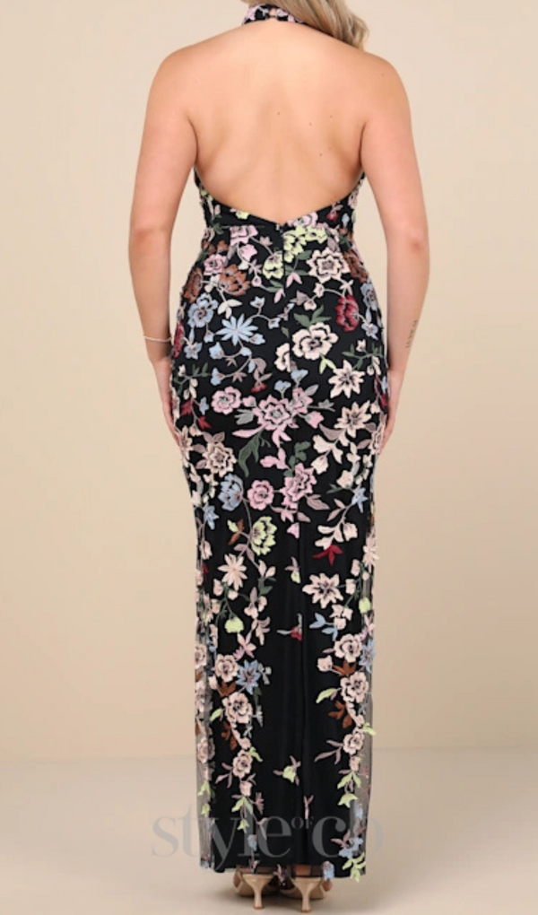 3D Floral Embroidered Halter Maxi Dress in black