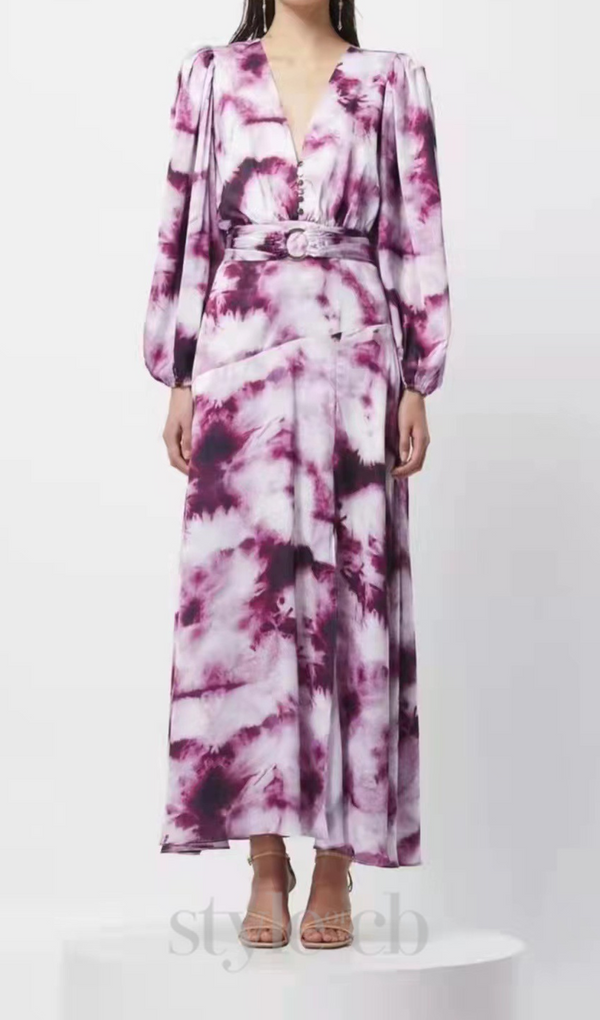 SUSANNA FUCHSIA BELTED TIE-DYED SATIN MAXI DRESS