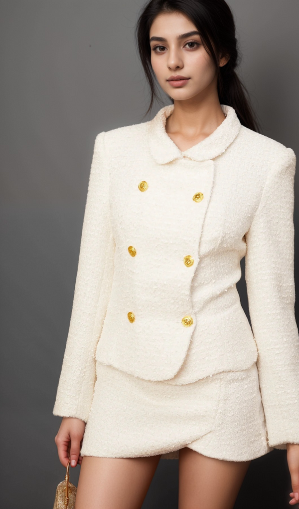 Carlotta white double-breasted tweed jacket & skirt matching set