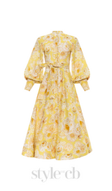 SIGRID YELLOW BUTTERCUP JASMINE LANTERN SLEEVE MIDI DRESS