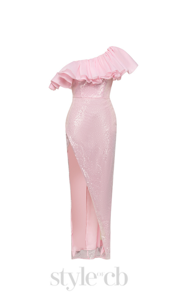 ELVA PINK RUFFLE TRIM HIGH SLIT SEQUIN MIDI DRESS