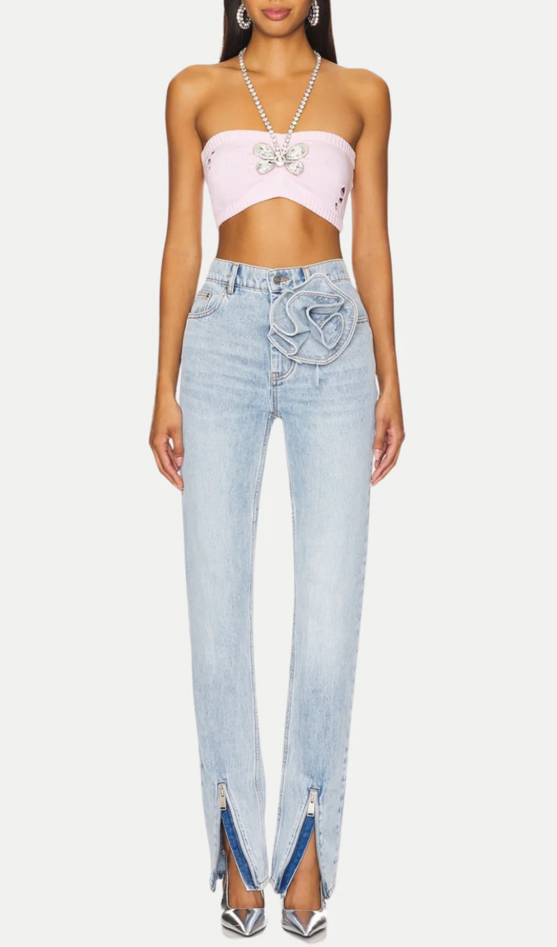 Quinta Floral Zip-Hem Skinny Jeans in pale blue