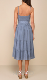 slate blue swiss dot bustier tiered midi dress