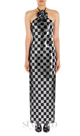 checkerboard sequin halter gown with flower