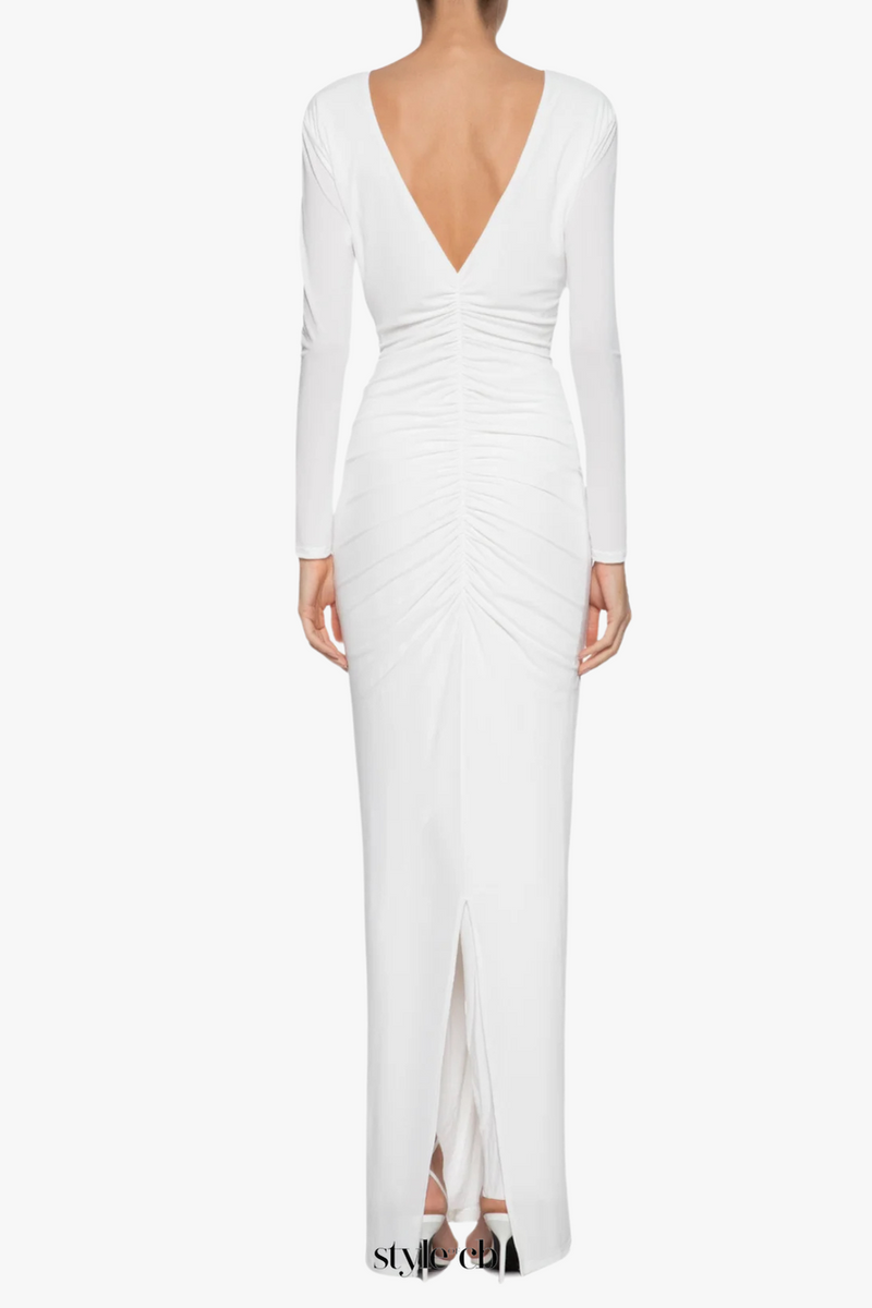 elsa V Neck Flower Ruched maxi Dress in white