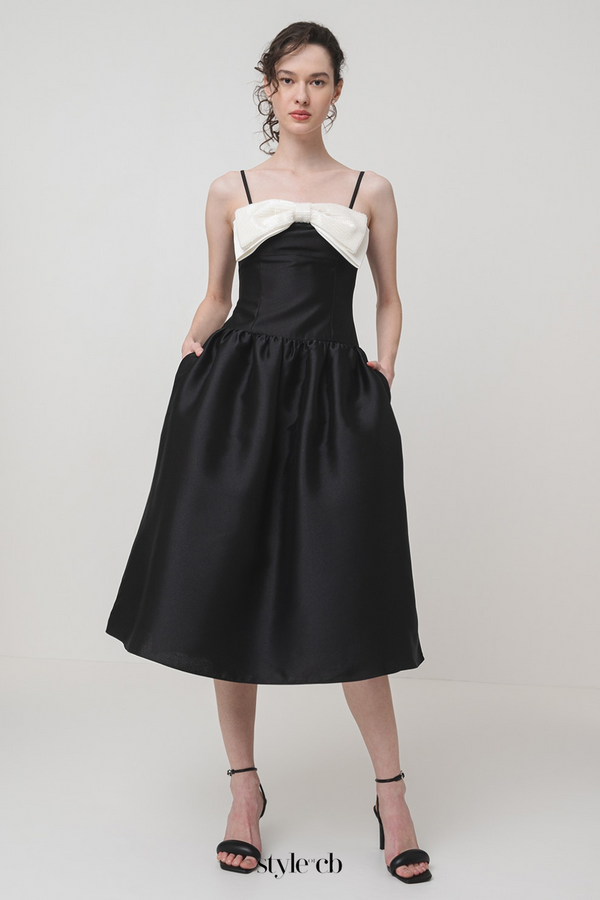 Bow-Detail Taffeta Midi Dress in black