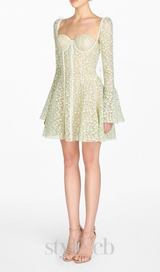 TERESA TRUMPET SLEEVE LACE EMBROIDERY MINI DRESS IN GREEN