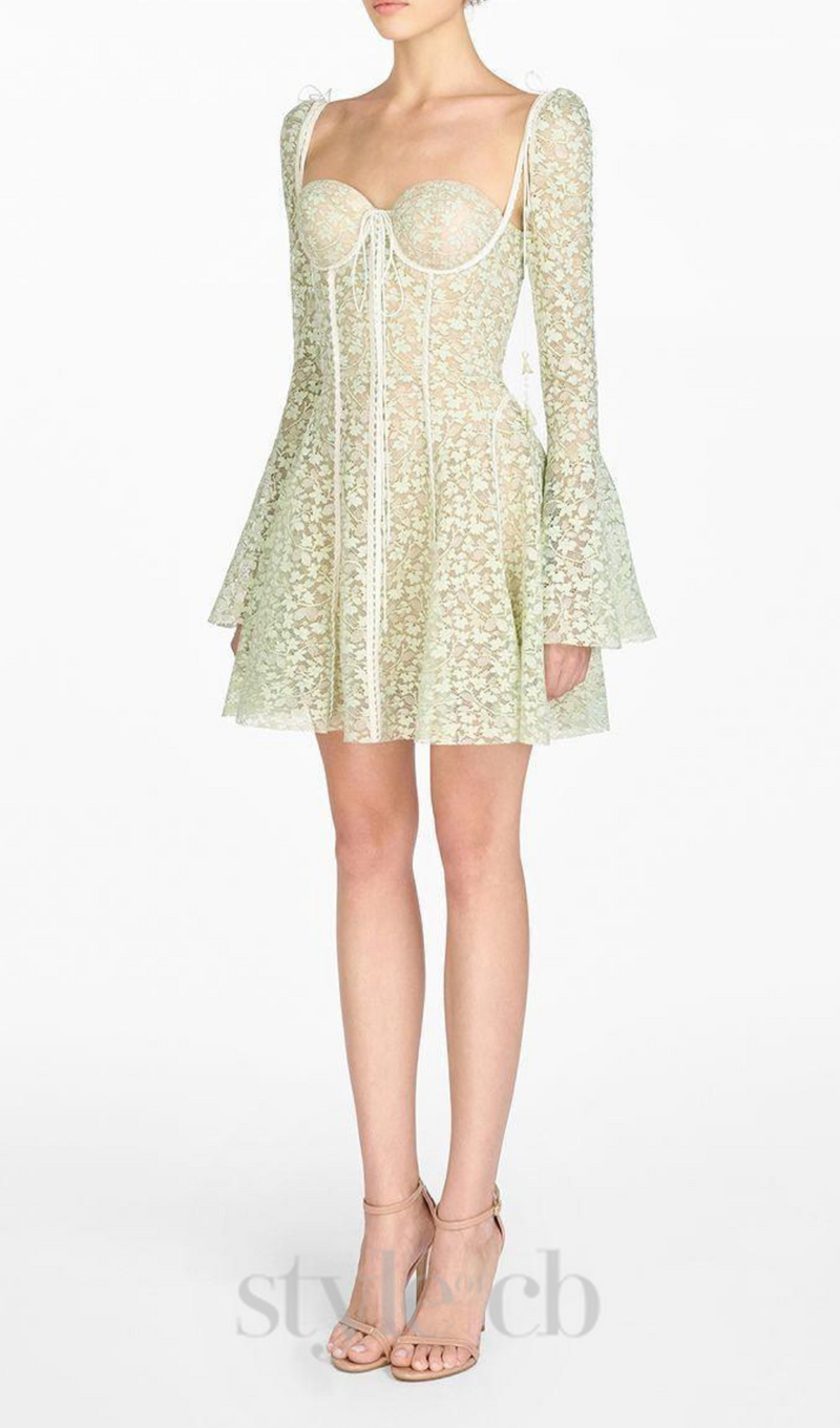 TERESA TRUMPET SLEEVE LACE EMBROIDERY MINI DRESS IN GREEN