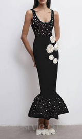 DORIS FLORAL PEARL EMBELLISHED MERMAID BLACK MAXI DRESS