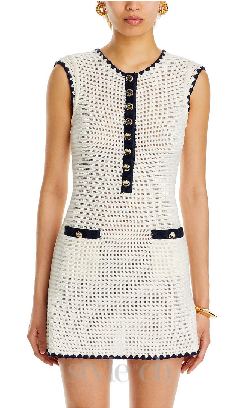 PANDORA 8-BUTTON WHITE SLEEVELESS CROCHET MINI DRESS