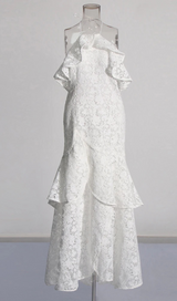 LYNN GARDENIA GUIPURE LACE RUFFLE GOWN IN WHITE