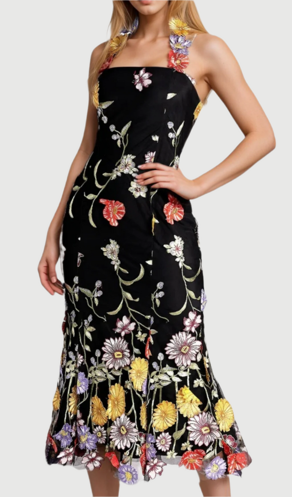 Halter Embroider Floral midi Dress in black