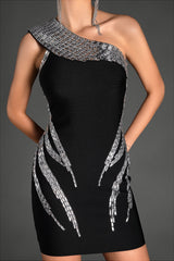 ONE SHOULDER RHINESTONE MINI DRESS IN BLACK