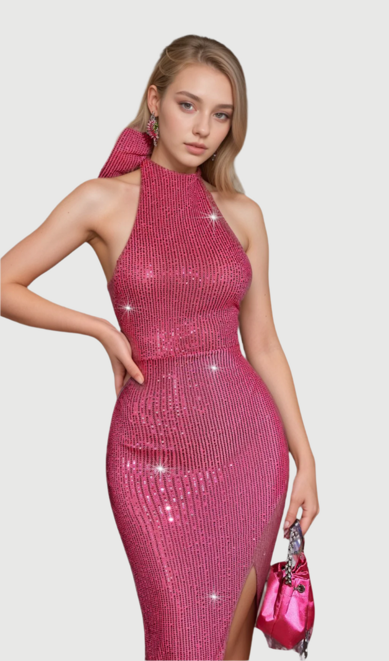 Backless Back Bow Sequin Maxi Dress In Hot Pink