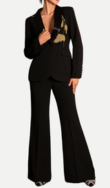 Primatou Black Embroidered Flared Blazer Suit