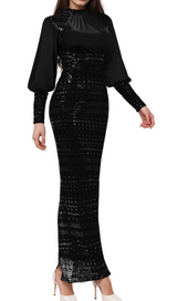 beatrice sequin long sleeve maxi dress in black