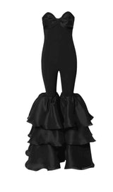 BLACK STRAPLESS JUMPSUIT WITH TIERED RUFFLE HEM