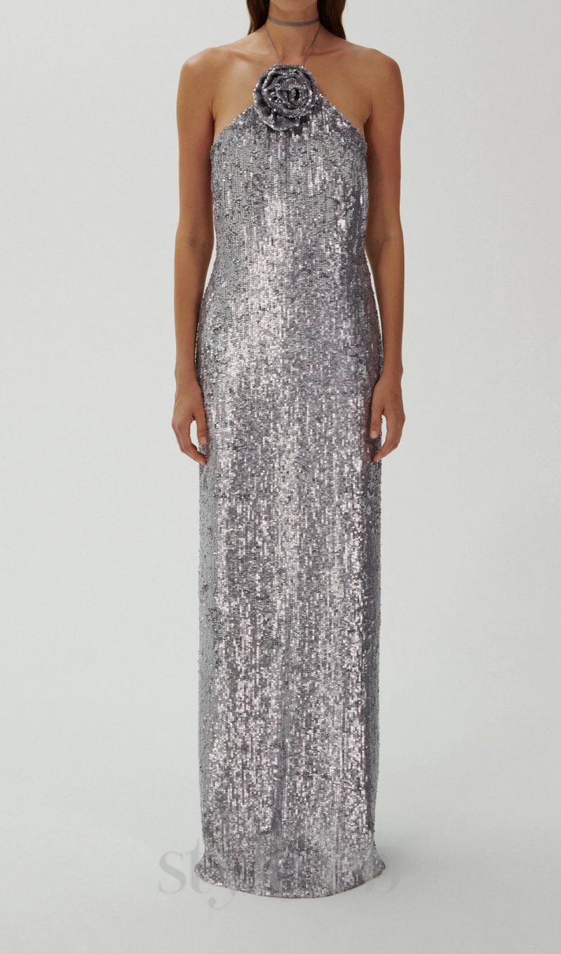 WINIFRED FLORAL-APPLIQUÉ SEQUIN MAXI DRESS SILVER