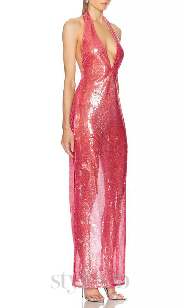 ZORA SHEER SEQUIN DEEP V NECK GOWN IN PINK RED