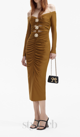 MAUREEN KHAKI JERSEY OFF SHOULDER MIDI DRESS