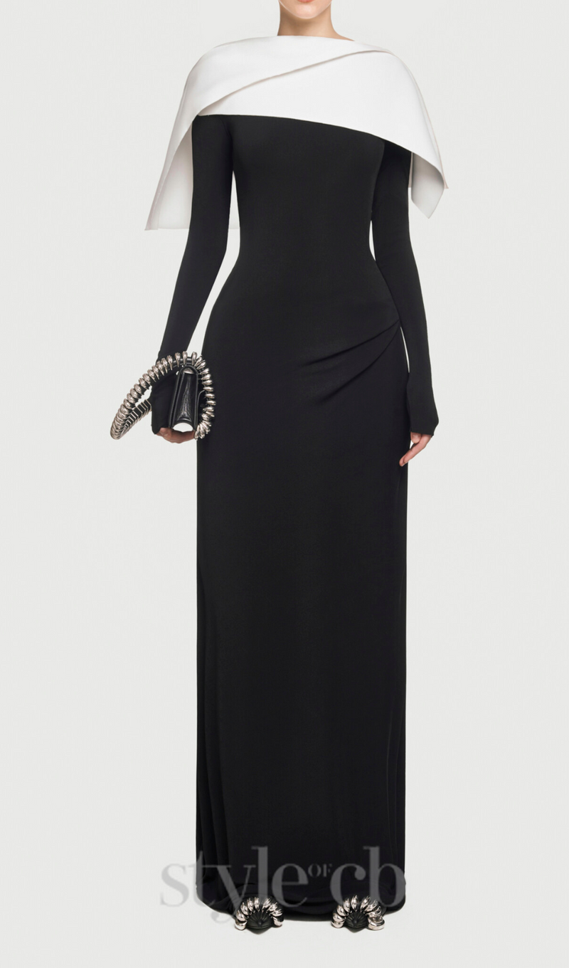 black maxi dress with draped asymmetrical shoulder pleat