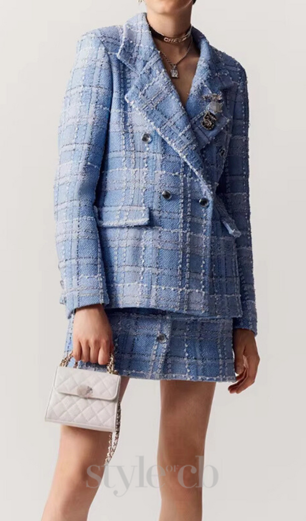 Plaid Double Breasted Tweed blazer in blue