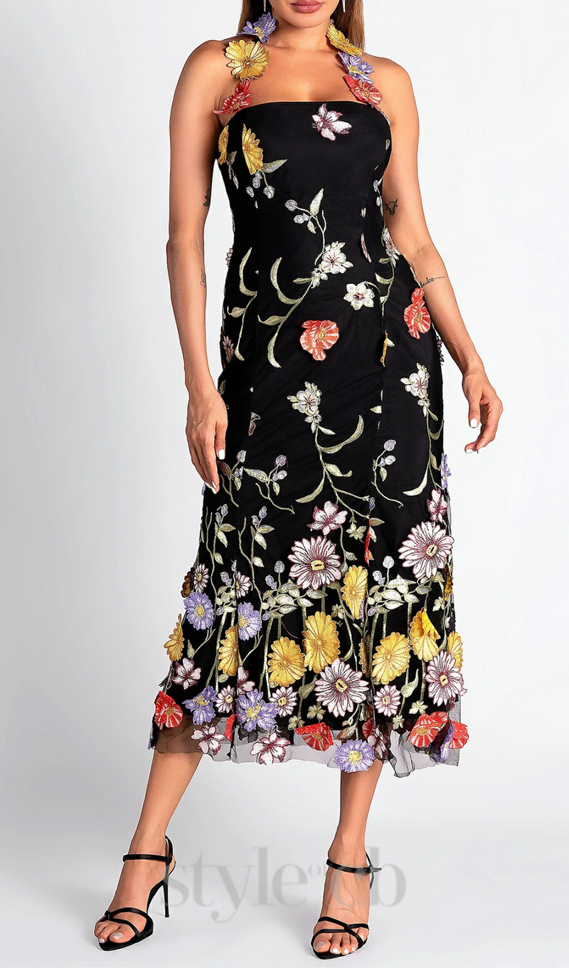 Halter Embroider Floral midi Dress in black