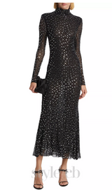 crystal Embellished Mesh Midi Dress in black