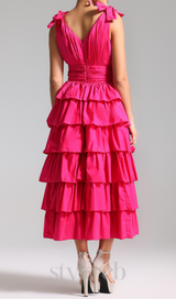 PLUNGE V RUFFLE TIERED SLIT GOWN IN PINK