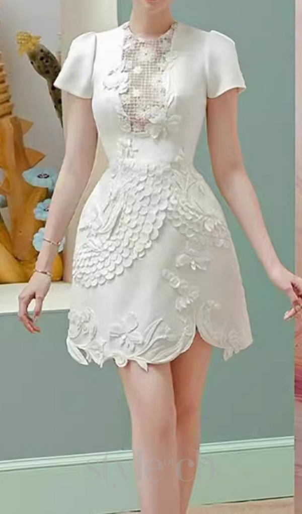 VALERIE EMBROIDERED 3D FLOWER MINI DRESS IN WHITE