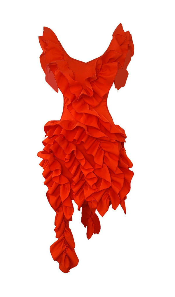 CUTOUT RUFFLE TIERED DRESS IN ORANGE