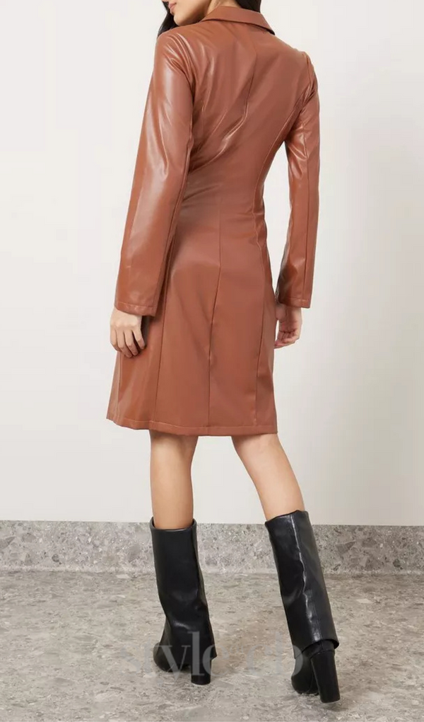 notch lapel leather blazer dress in brown