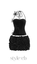 velvet corset floral mini skirt suit in black