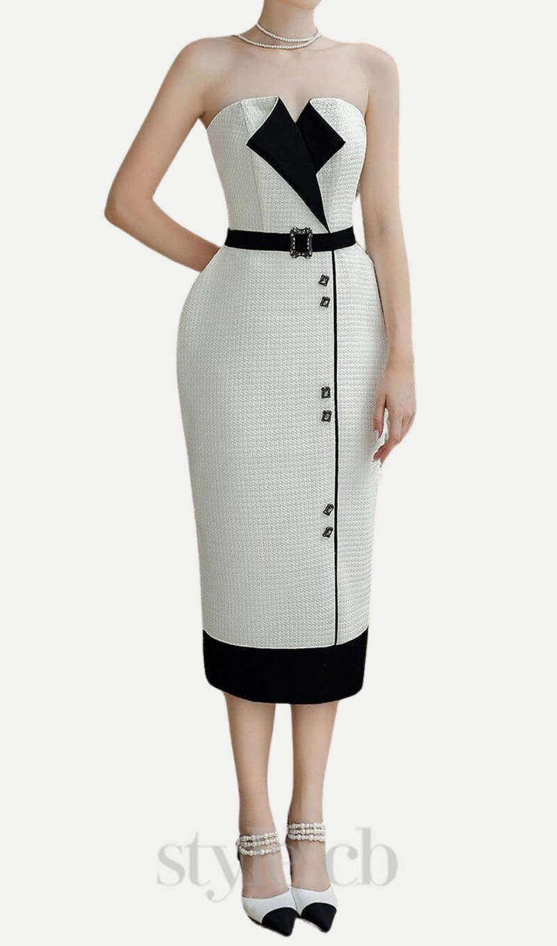 Regina Pegged Semi-Heart Neck Tweed Midi Dress