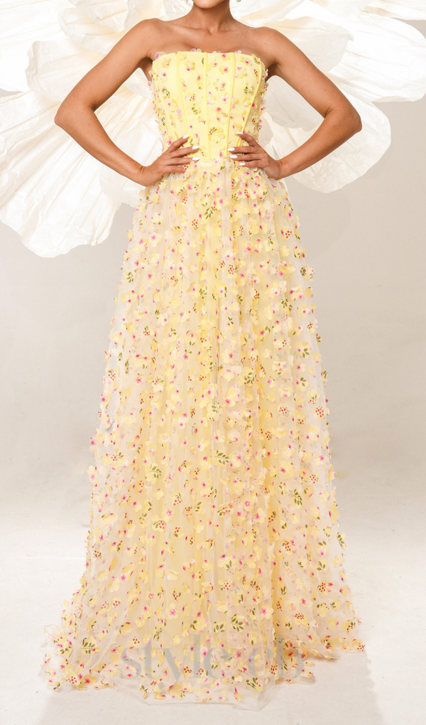 DIANA STRAPLESS FLORAL EMBELLISHED MAXI DRESS IN YELLOW