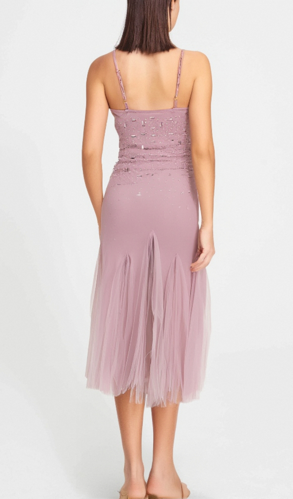 Axelle purple embellished mesh midi dress