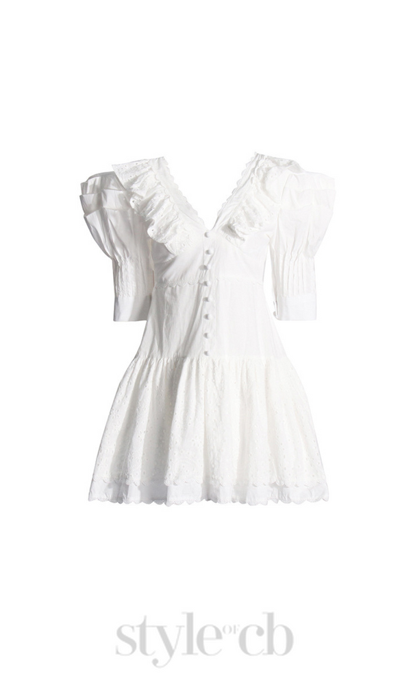 WHITE V-NECK EMBROIDERED RUFFLED MINI DRESS