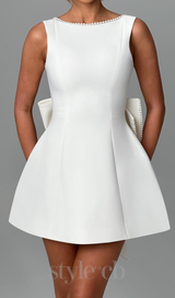 TRISTA BOWKNOT PEARL BACKLESS MINI DRESS IN WHITE