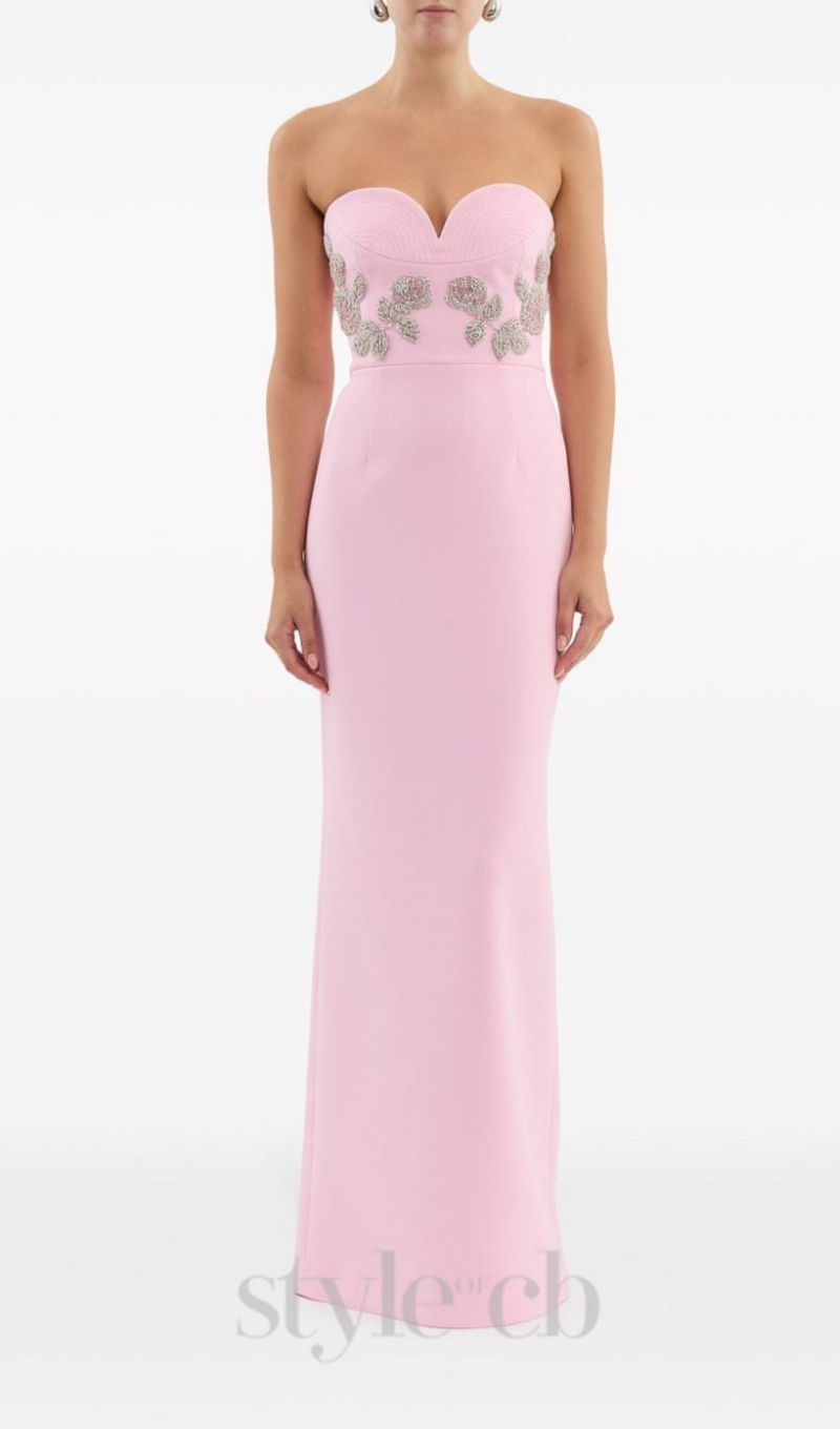 MEROY FLORAL EMBROIDERY STRAPLESS MAXI DRESS IN PINK