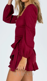 Square neckline mini dress in Burgundy