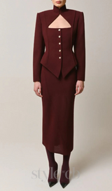 Aymee Cutout Button Blazer in burgundy