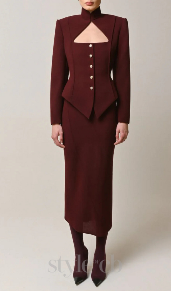 Aymee Cutout Button Blazer in burgundy