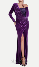 one shoulder sequin-embellished velvet maxi dress in purple