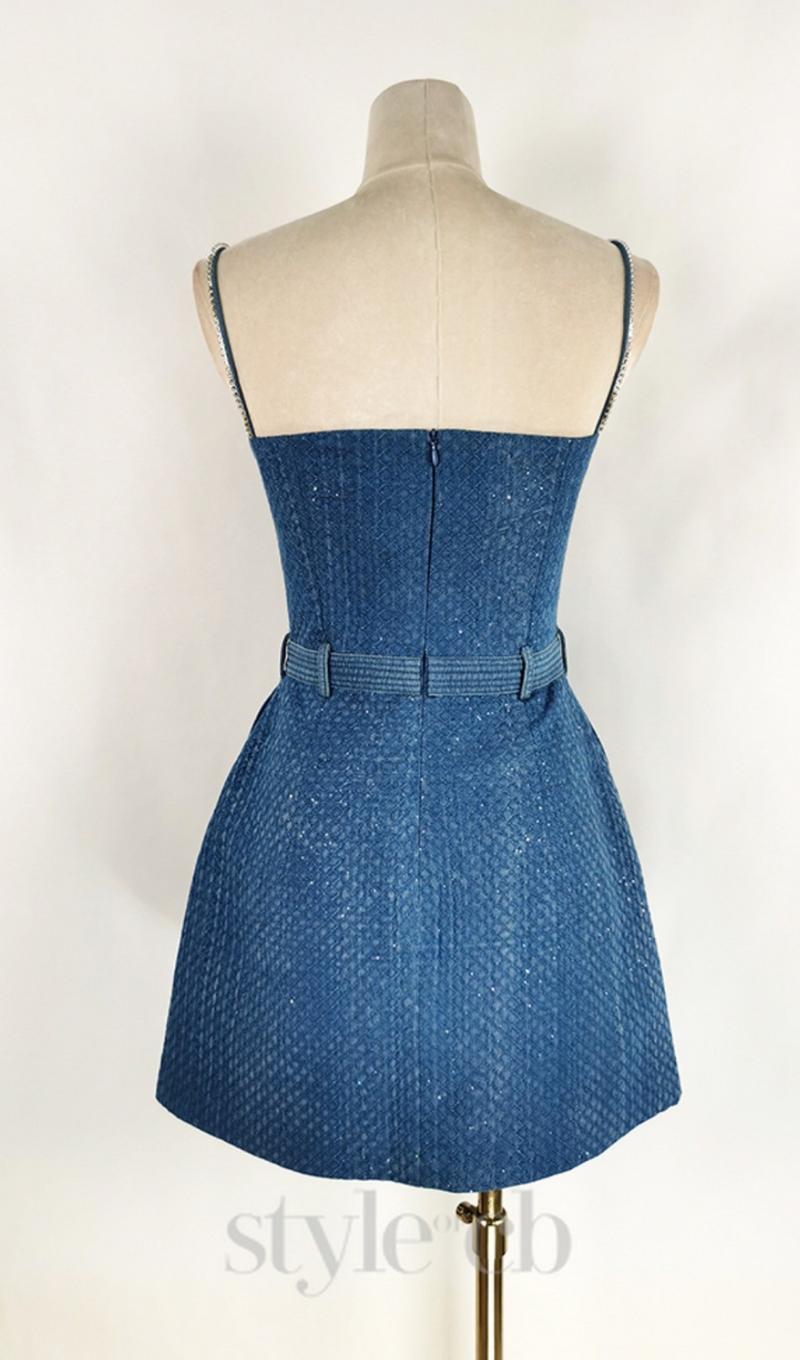 ANDREA DENIM RHINESTONE SUSPENDER MINI DRESS IN BLUE