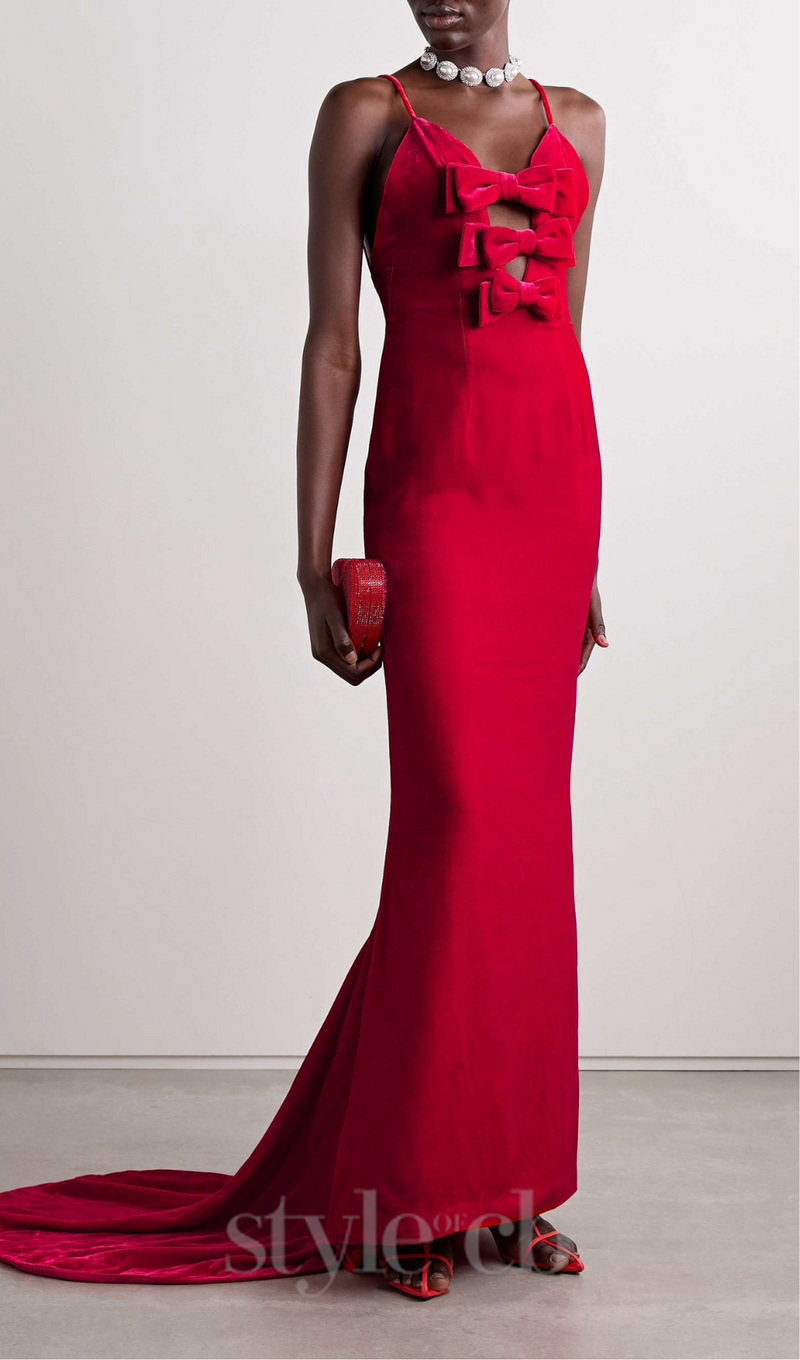 HILDA BOW-EMBELLISHED VELVET GOWN IN RED